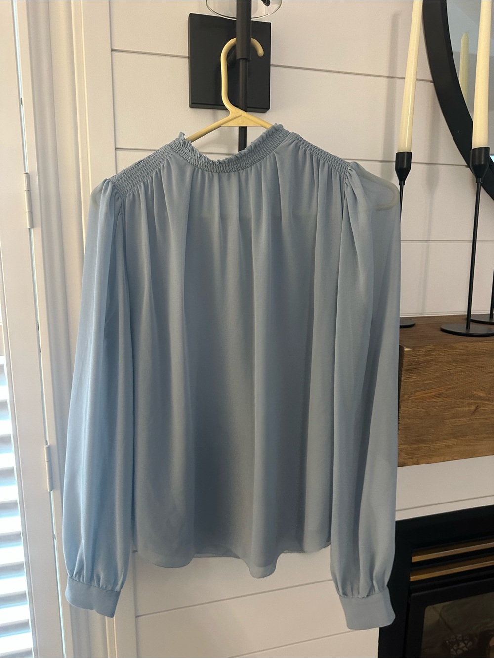 Wilfred Light Blue Smocked-Neck Long Sleeve Blouse